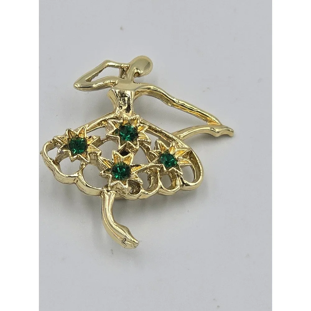 Vintage Gerry's Signed Ballerina Brooch Pin - Gold Tone & Green Rhinestones